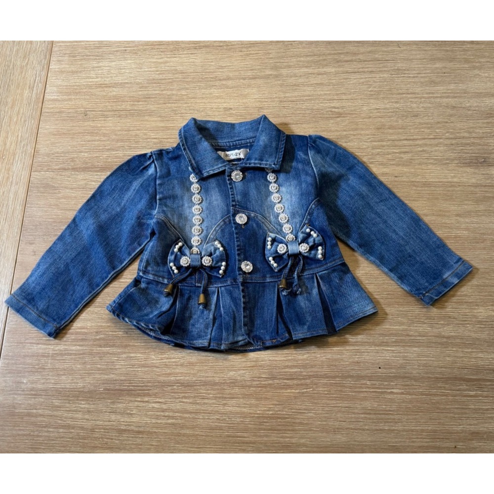 Peacolate Toddler Girls Denim Jacket Blue Sz 2Y Bows Pearls Rhinestones NWT